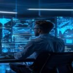 Data analyst reviewing real-time agentic AI analytics dashboard with glowing blue screens in a futuristic office