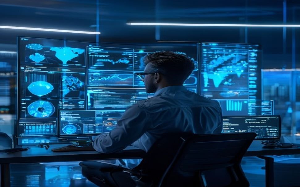 Data analyst reviewing real-time agentic AI analytics dashboard with glowing blue screens in a futuristic office
