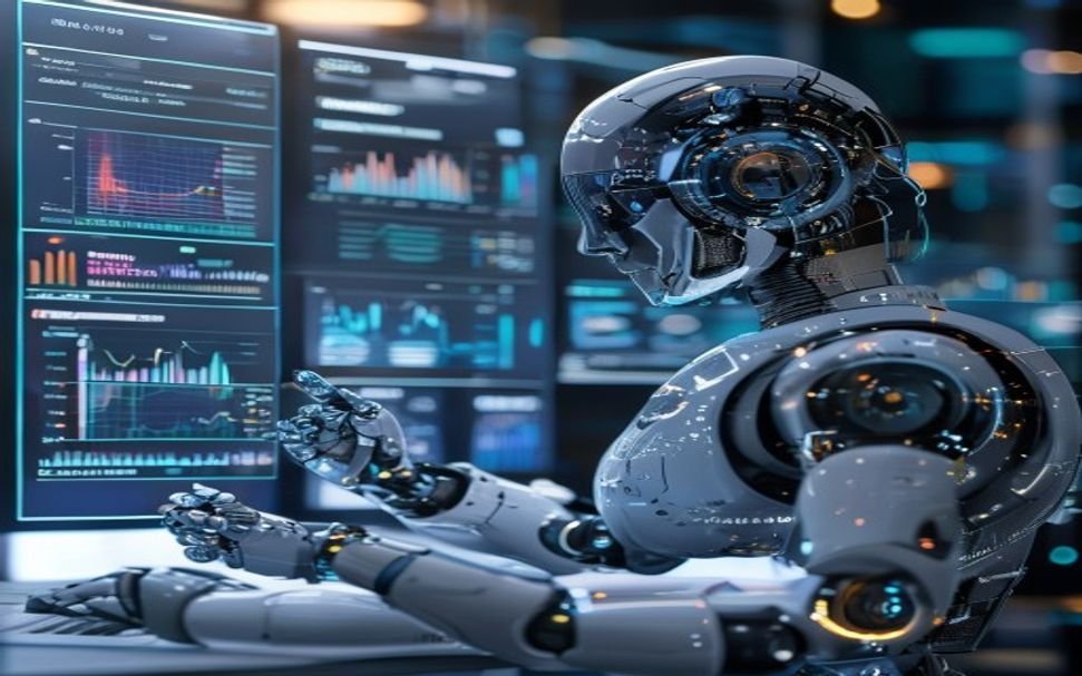 Autonomous AI agent analyzing business intelligence charts in a modern corporate environment