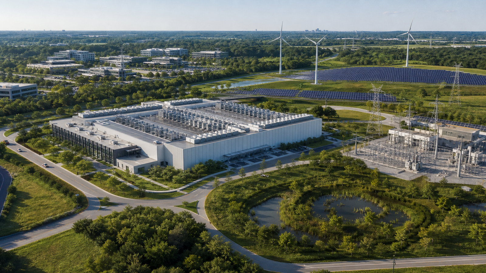 Sustainable data center campus near renewable energy and grid infrastructure.