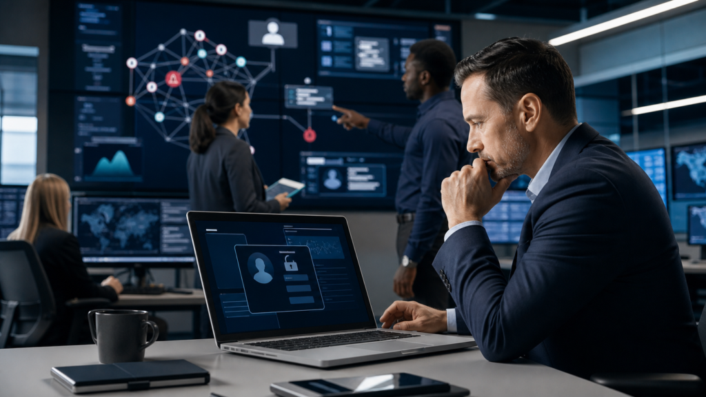 Cybersecurity team investigating AI phishing alerts and identity fraud signals in a modern operations center