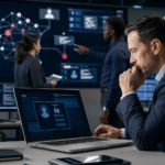 Cybersecurity team investigating AI phishing alerts and identity fraud signals in a modern operations center