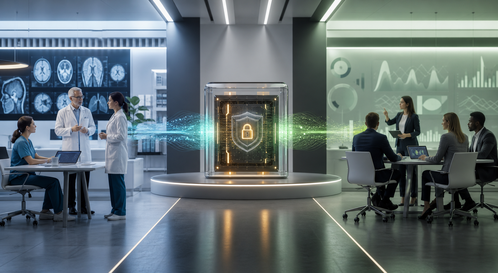Healthcare and finance teams collaborate through a protected AI compute enclave