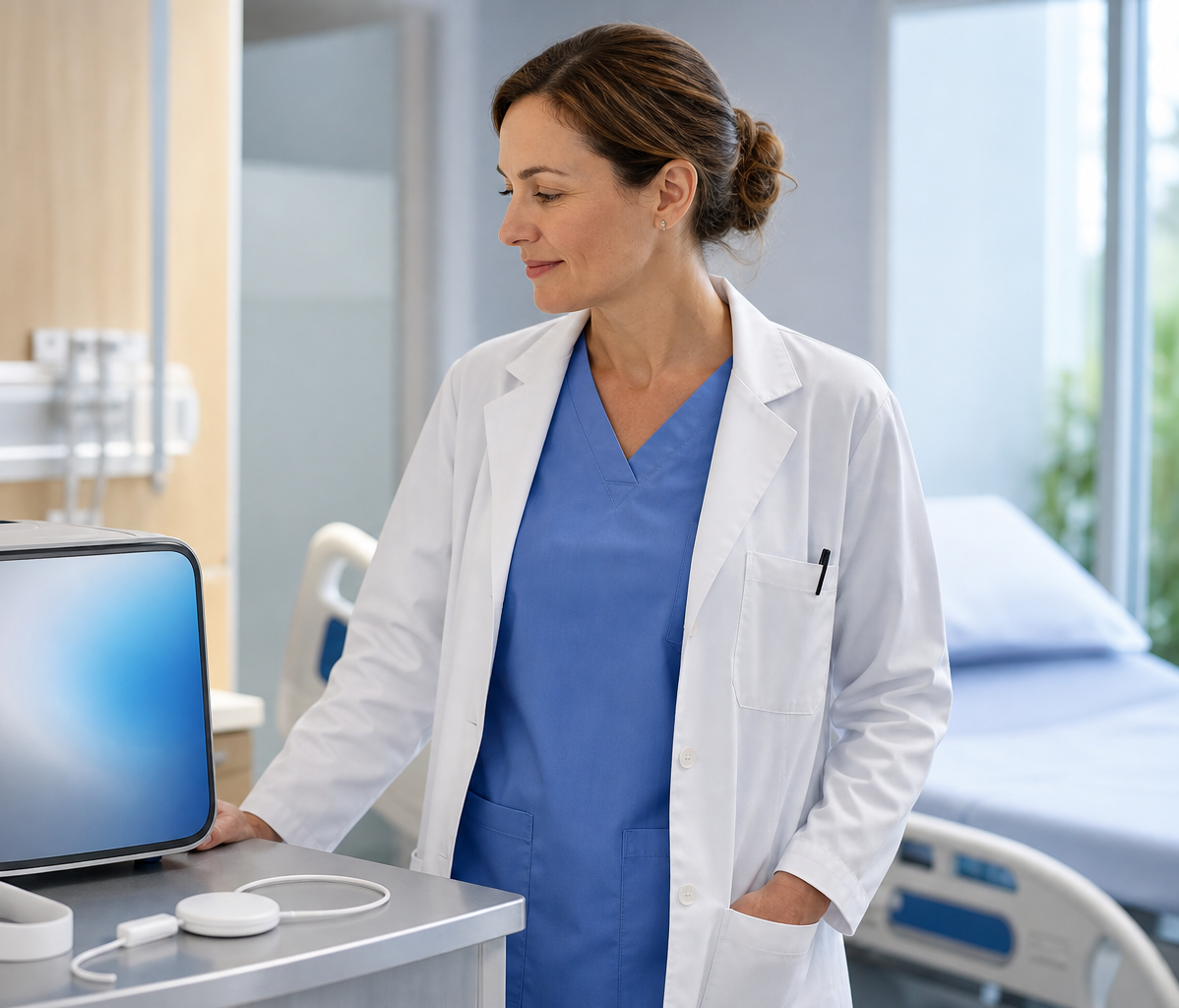 Clinician beside a compact medical device and wearable sensors in a modern clinic