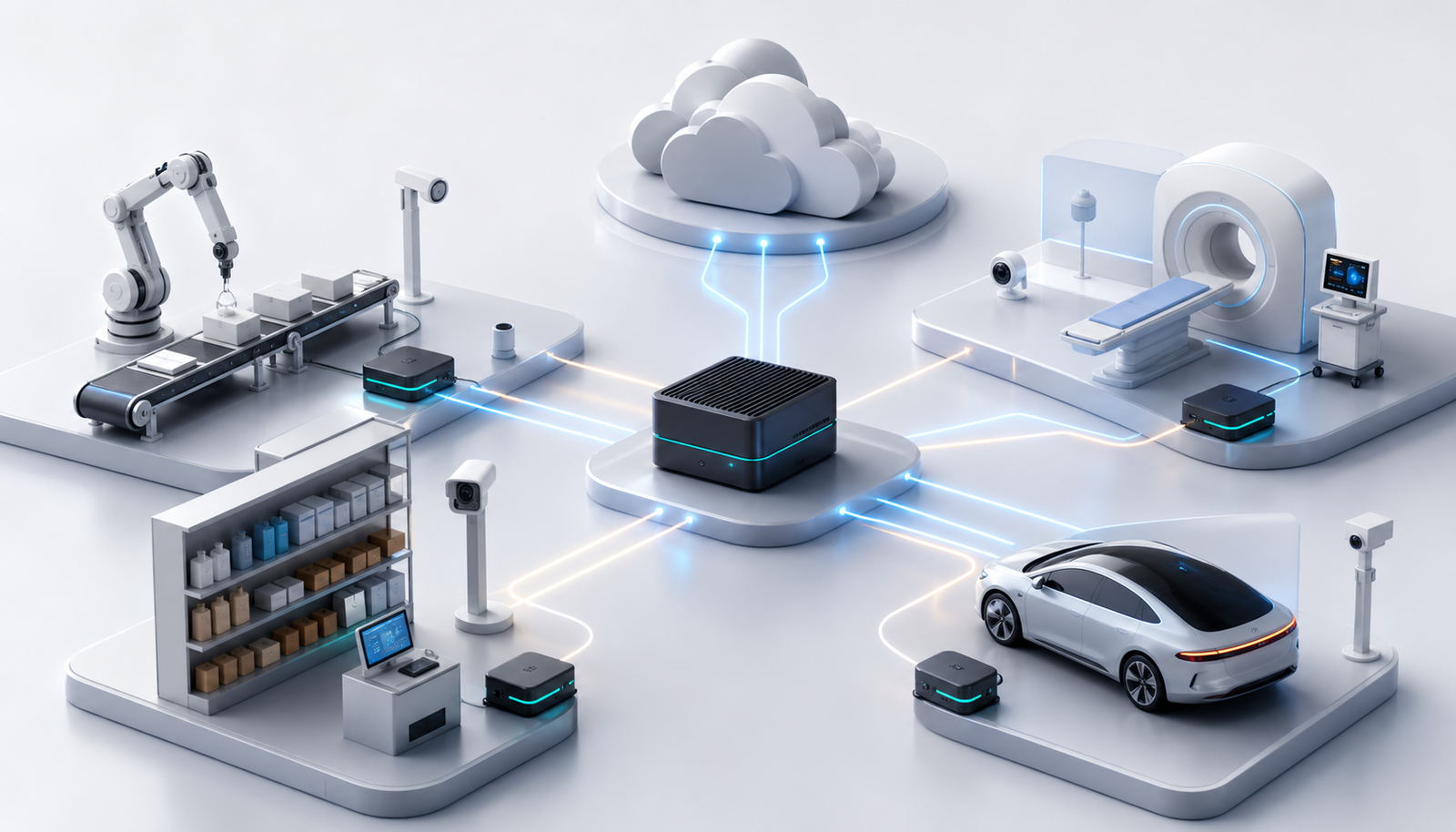 3D visualization of connected edge AI devices, gateways, cloud services, robots, retail shelves, vehicles, and medical systems