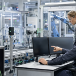 Engineers monitoring an edge AI system beside robotics and sensor equipment on a smart factory floor