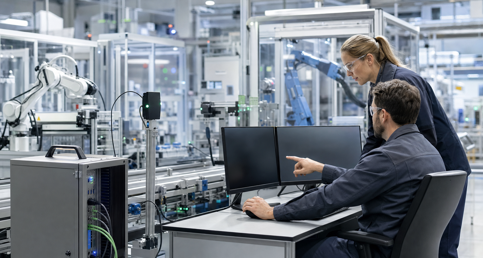 Engineers monitoring an edge AI system beside robotics and sensor equipment on a smart factory floor
