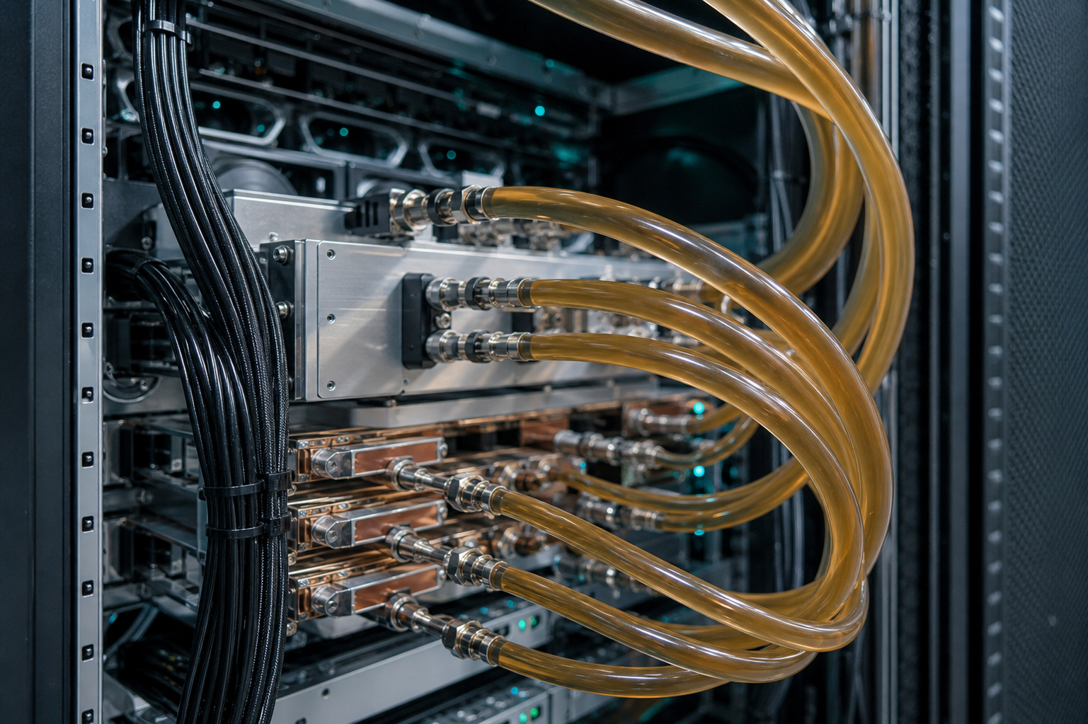 Close-up of liquid cooling tubes connected to high-density AI server hardware.