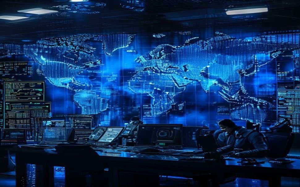 Global cyber enforcement operation concept showing international law enforcement shutting down criminal malware networks
