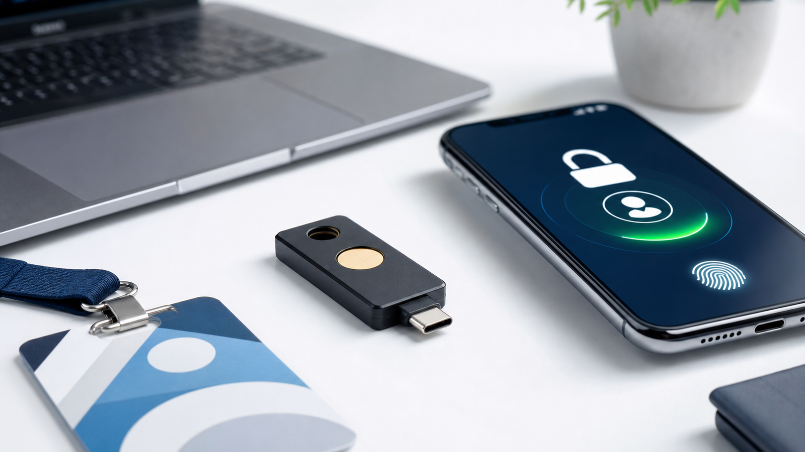 Hardware security key and smartphone biometric authentication setup for phishing-resistant enterprise access