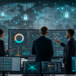 Security leaders review a quantum-safe cryptography migration dashboard in a modern operations center.