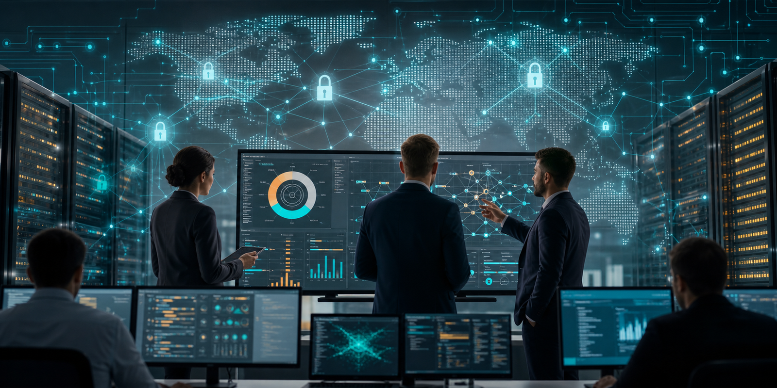 Security leaders review a quantum-safe cryptography migration dashboard in a modern operations center.