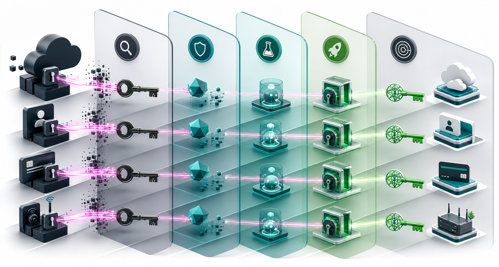 Abstract roadmap showing legacy encryption moving through discovery, testing, deployment, and monitoring toward quantum-safe keys.