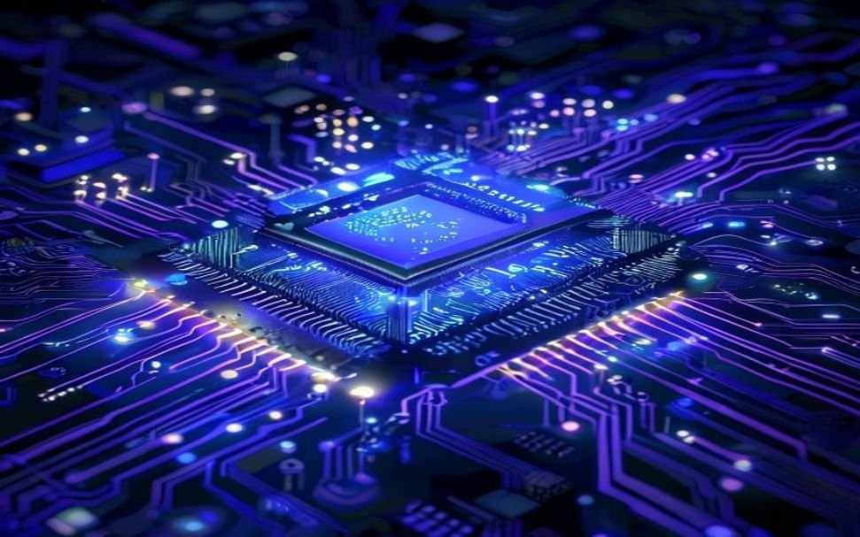Conceptual illustration of a quantum processor with glowing qubits in superposition