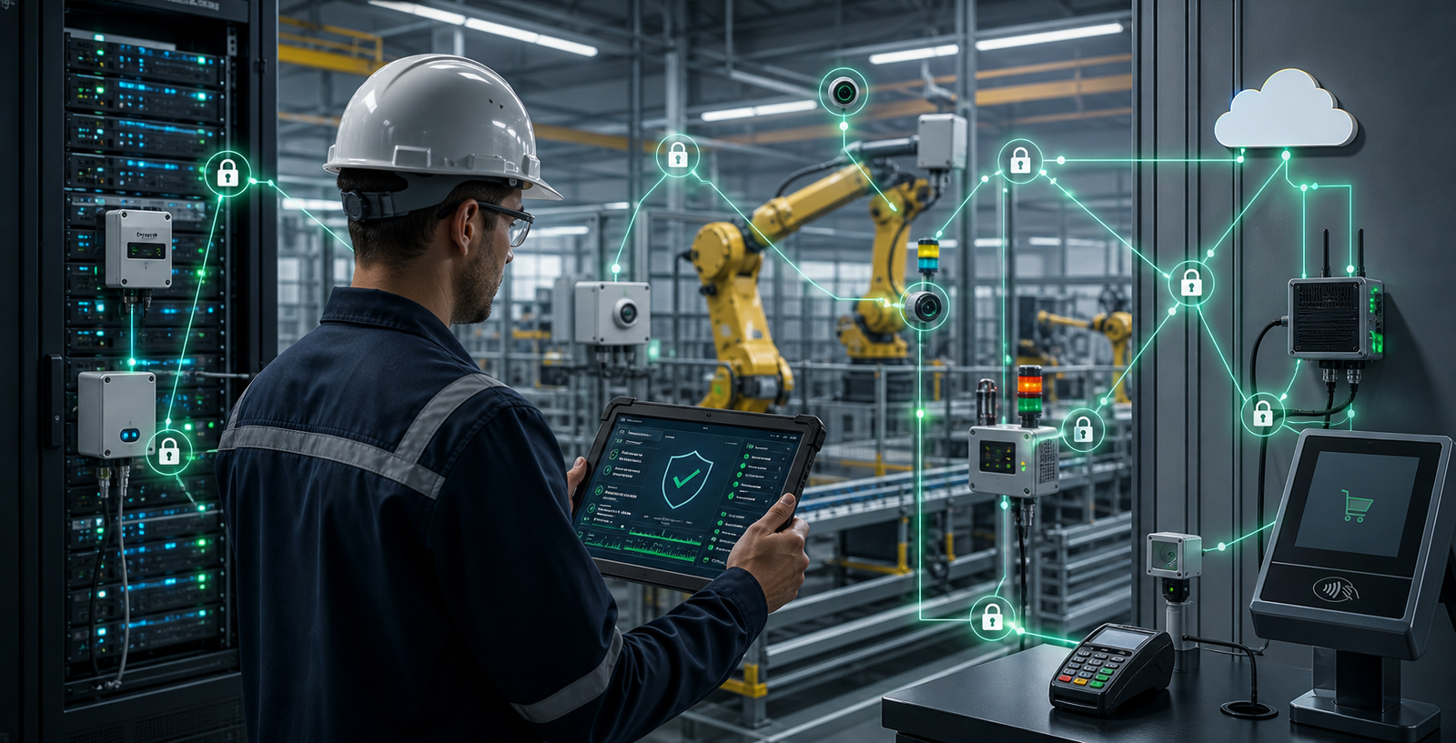 Cybersecurity engineer validates certificates and encryption status across factory IoT devices and cloud gateways.