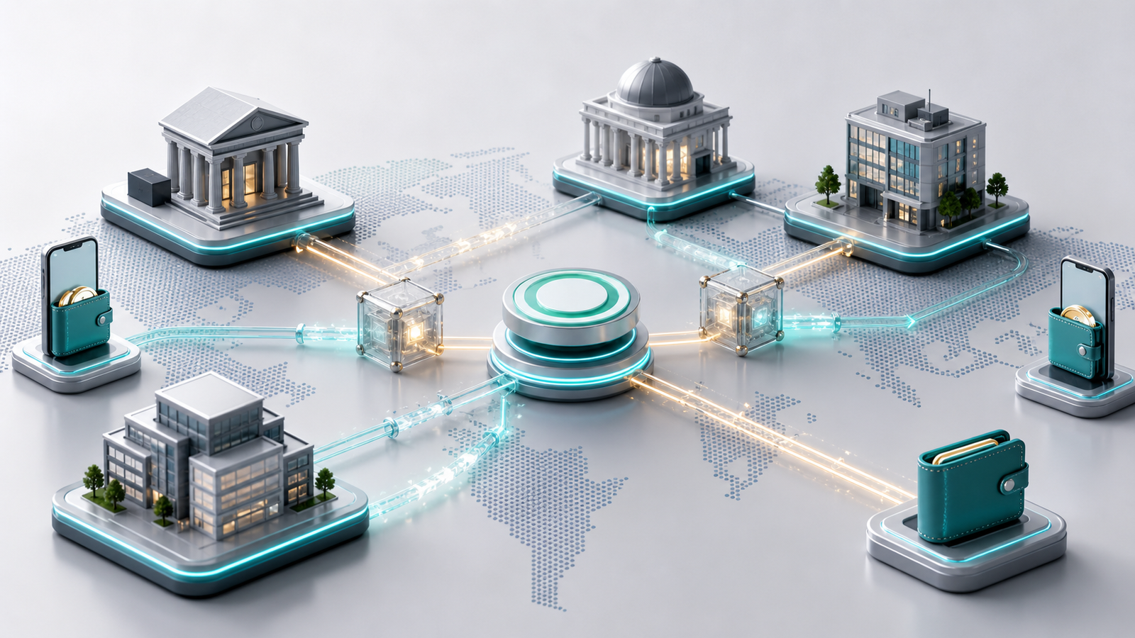 A clean 3D render of stablecoin payment rails connecting banks, businesses, and digital wallets