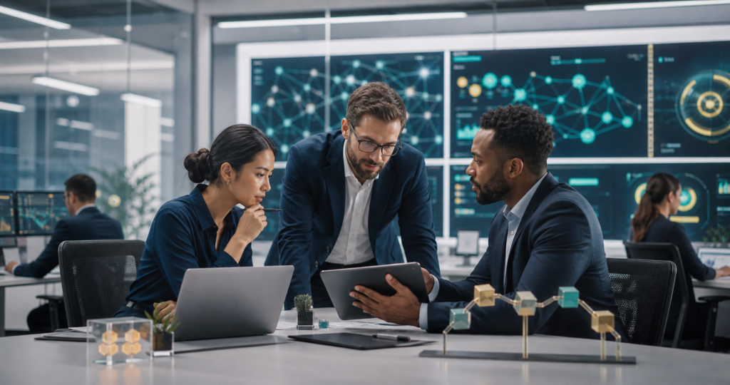 Fintech professionals review stablecoin and tokenized asset infrastructure in a modern operations room