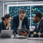 Fintech professionals review stablecoin and tokenized asset infrastructure in a modern operations room