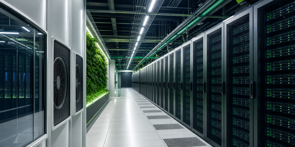 Modern sustainable AI data center with efficient cooling and green infrastructure.