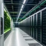 Modern sustainable AI data center with efficient cooling and green infrastructure.