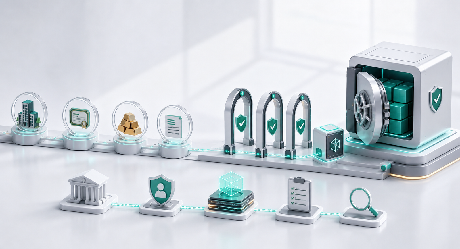 A 3D render of tokenized assets passing through custody, compliance, and audit checkpoints before entering a secure vault