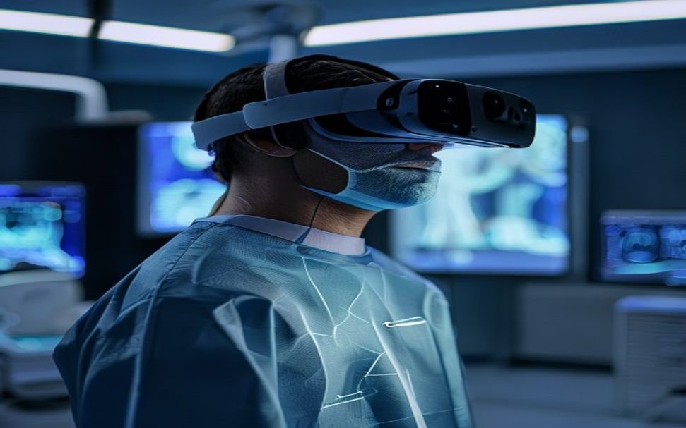 XR in healthcare showing surgeon using augmented reality headset for medical training with holographic anatomy display