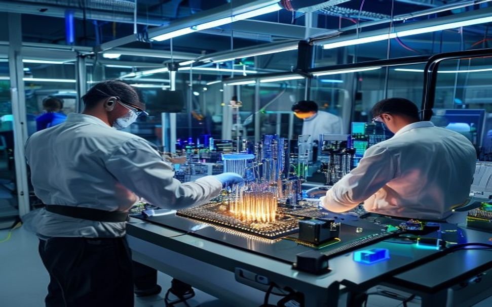 Engineers working in a clean room developing next-generation custom AI processor chips