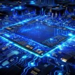 Custom AI chip silicon wafer glowing in a futuristic data center with blue circuit traces