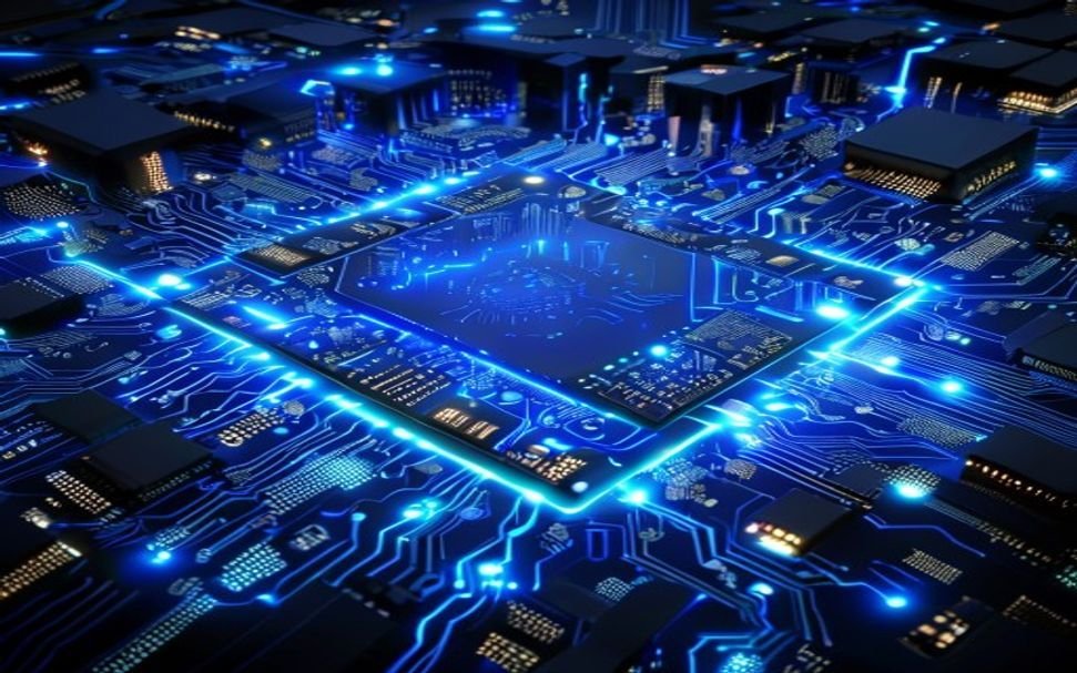 Custom AI chip silicon wafer glowing in a futuristic data center with blue circuit traces