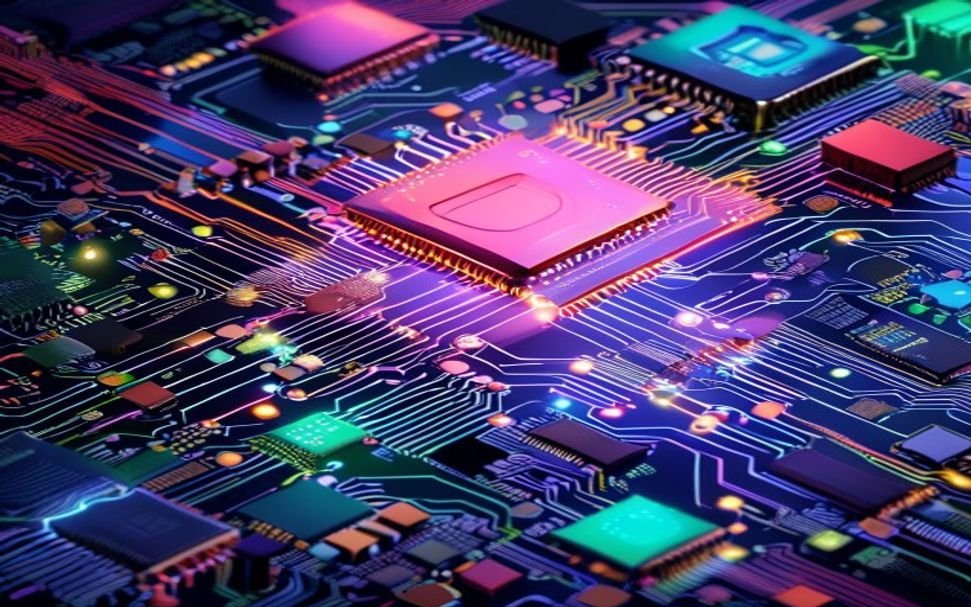 Multiple AI companies racing to build custom semiconductor chips on a colorful futuristic circuit board