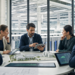 Business and infrastructure leaders reviewing an AI data center campus model