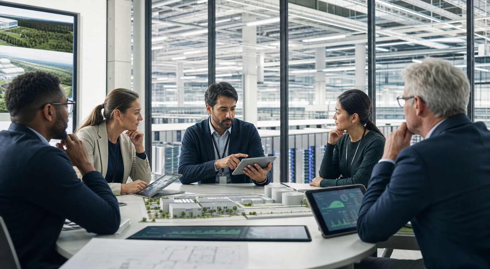 Business and infrastructure leaders reviewing an AI data center campus model