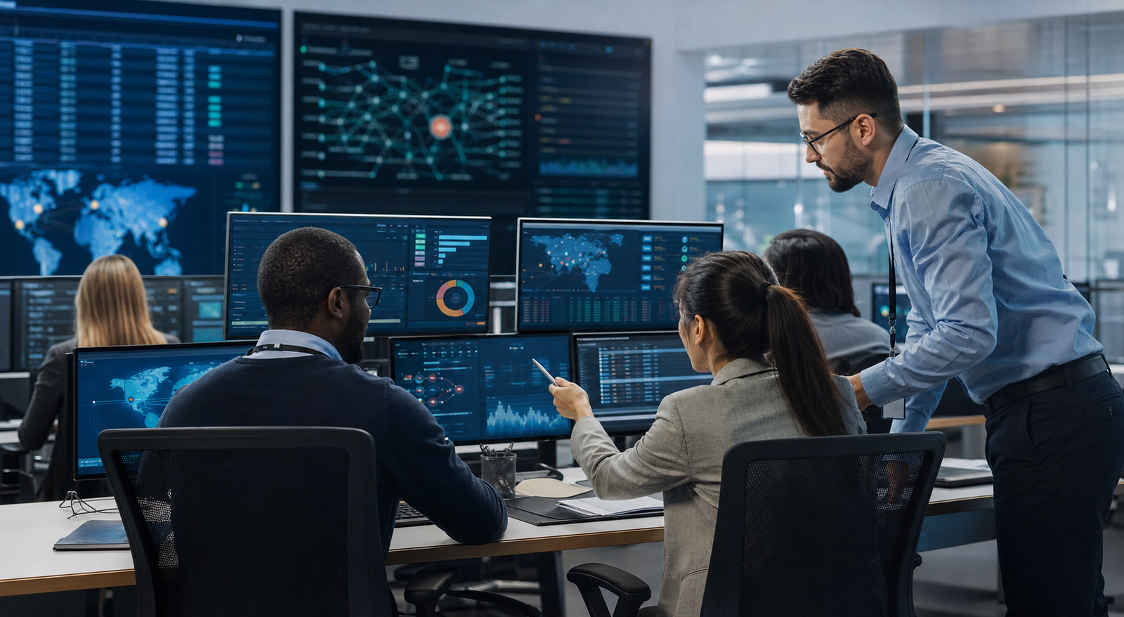 Cybersecurity analysts coordinating AI exposure management in a modern security operations center