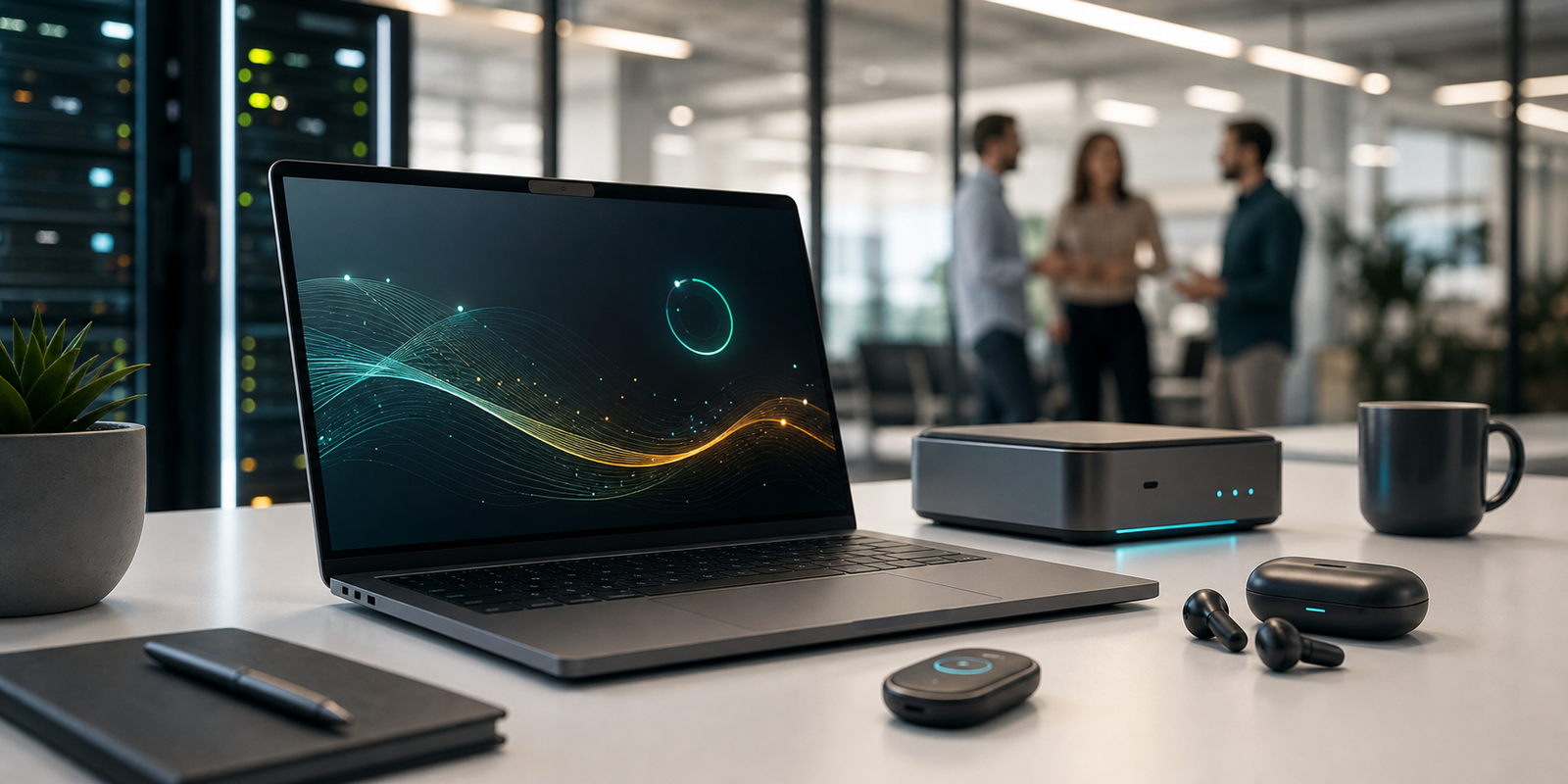 AI-enabled laptop and companion devices on a modern enterprise desk