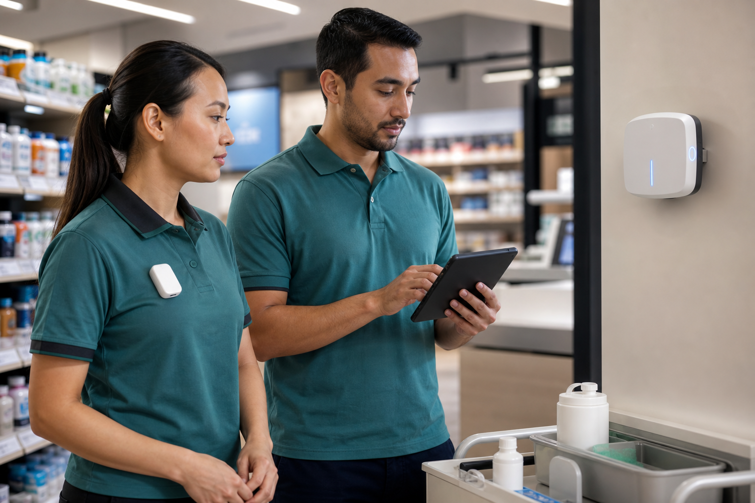 Frontline workers use a wearable AI device and local hub in a clean operations environment