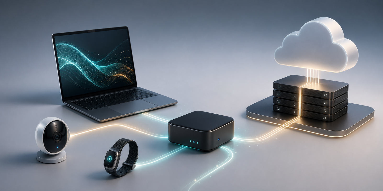 A clean hybrid architecture render showing laptops, cameras, wearables, edge hubs, and cloud systems connected by light paths