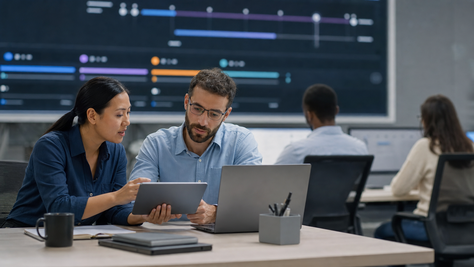 Software reliability and data science teams review an abstract AI incident timeline in a modern operations room
