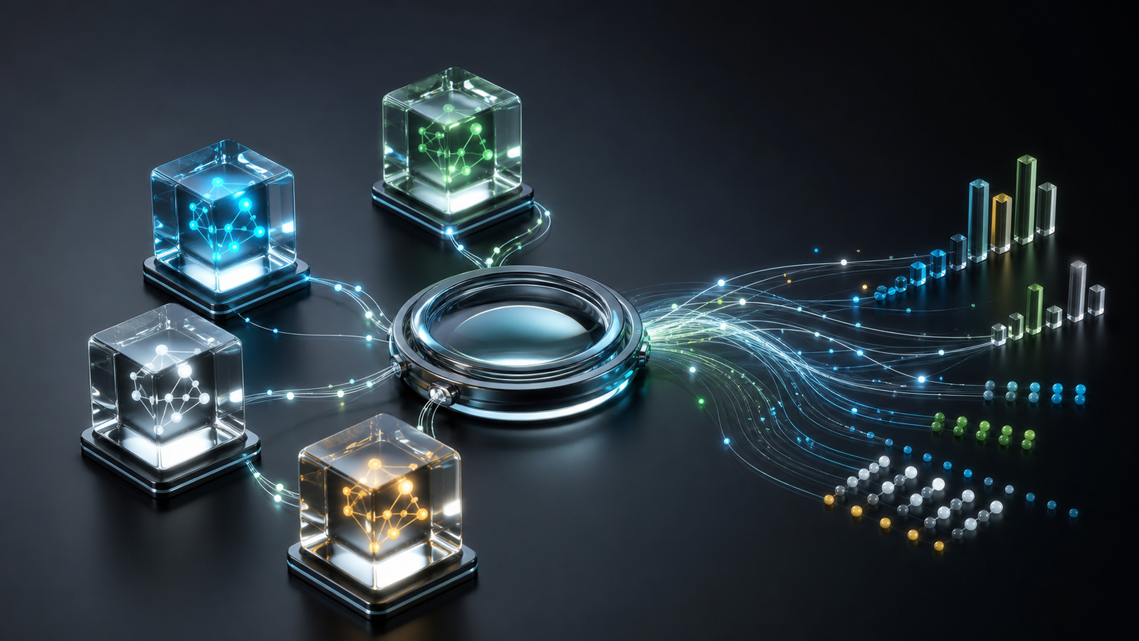 A polished 3D render shows AI model nodes connected through an observability lens and abstract telemetry streams