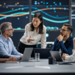 Business leaders and technology teams review abstract AI reliability signals in a modern operations room