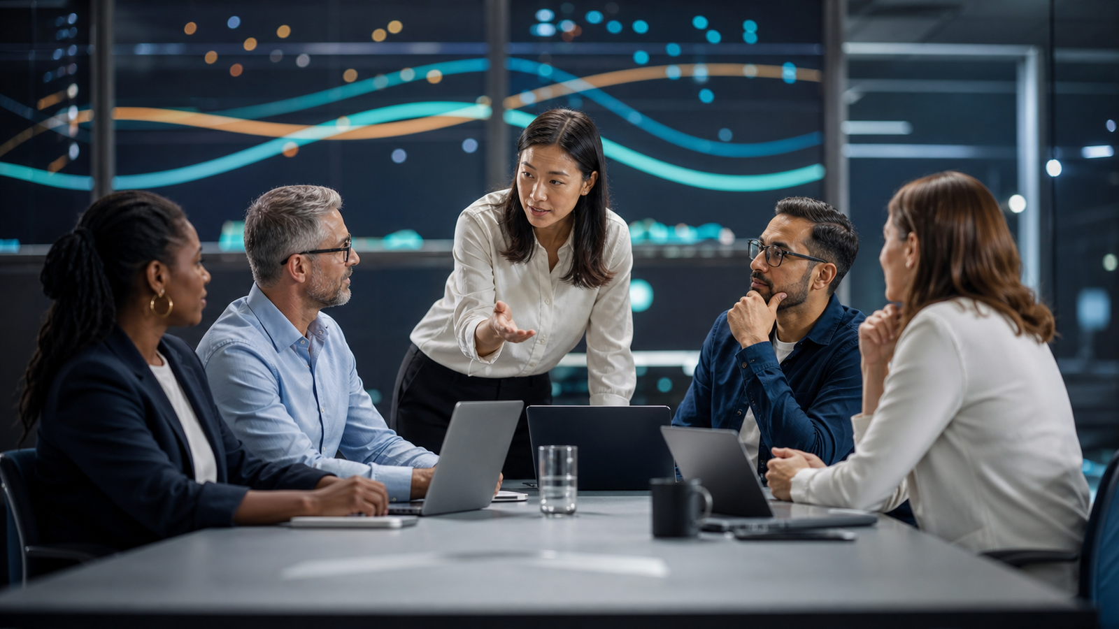 Business leaders and technology teams review abstract AI reliability signals in a modern operations room
