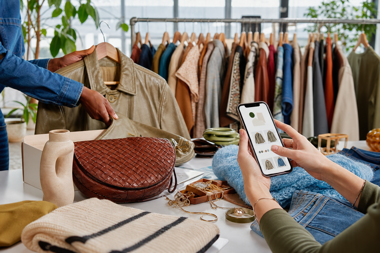 Curated secondhand garments and accessories with a phone-assisted visual discovery workflow