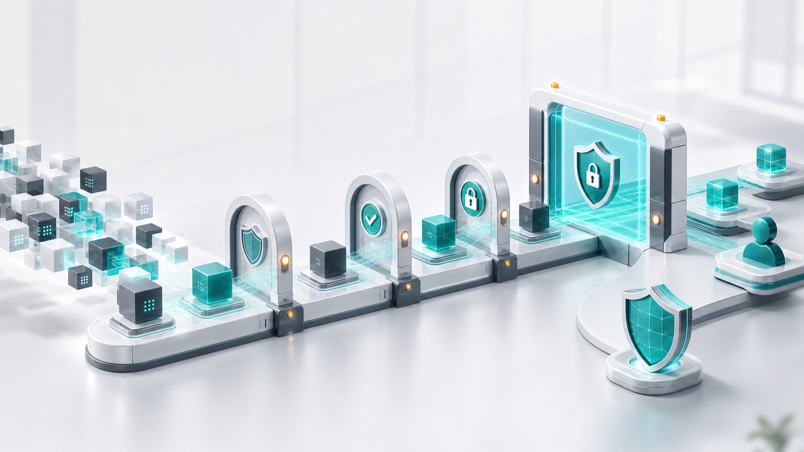 Data blocks passing through least-privilege access gates before reaching business systems