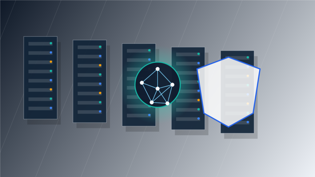 Abstract cybersecurity operations scene showing AI-assisted vulnerability discovery across protected server infrastructure
