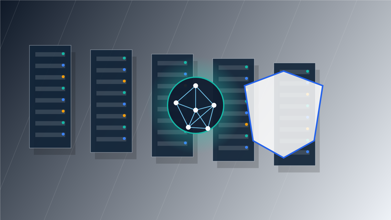 Abstract cybersecurity operations scene showing AI-assisted vulnerability discovery across protected server infrastructure