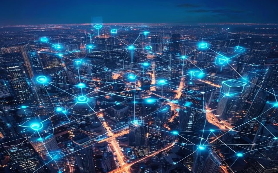 AIoT smart city network visualization showing connected IoT devices and data flows 2026