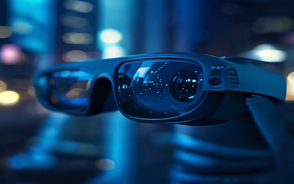 Close-up of smart glasses camera lens raising privacy and security questions in urban environment