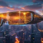 Android XR smart glasses displaying augmented reality digital overlay over a cityscape at golden hour