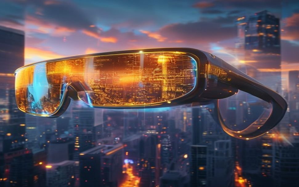 Android XR smart glasses displaying augmented reality digital overlay over a cityscape at golden hour