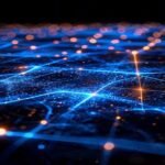 Blockchain settlement network connecting 17 global banks through a glowing digital ledger with financial data flowing between nodes