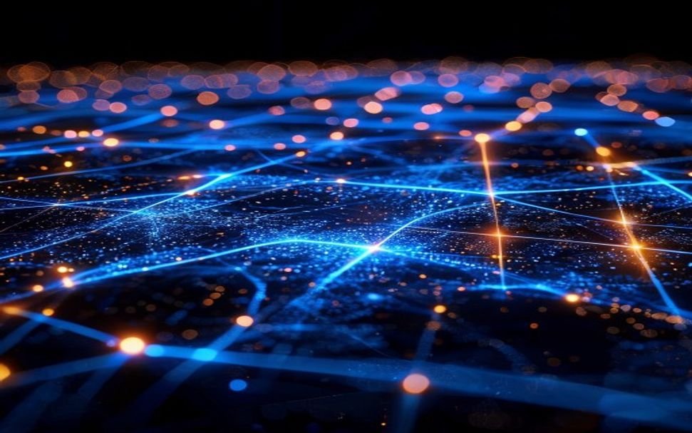Blockchain settlement network connecting 17 global banks through a glowing digital ledger with financial data flowing between nodes